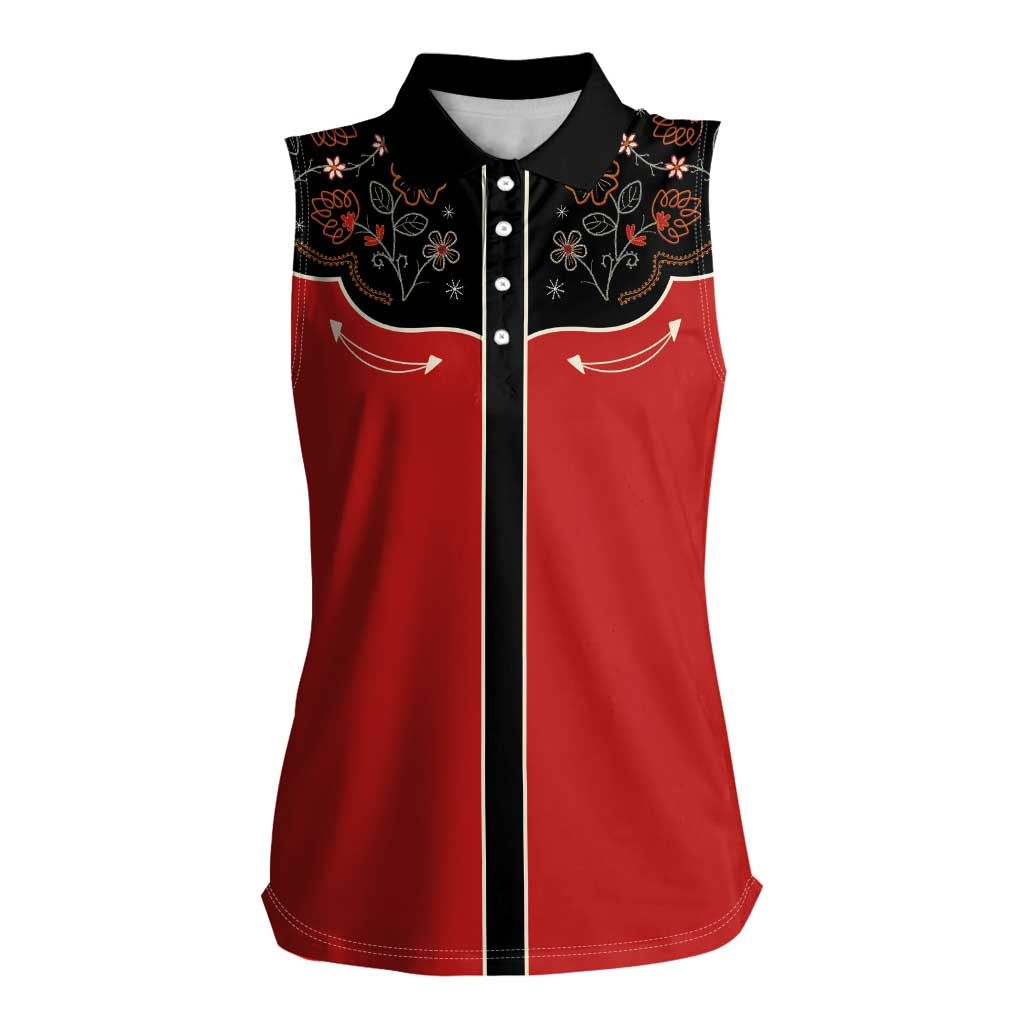 Vintage Western Flowers Yoke Shirt Style Women Sleeveless Polo Shirt Red Color - Wonder Print Shop
