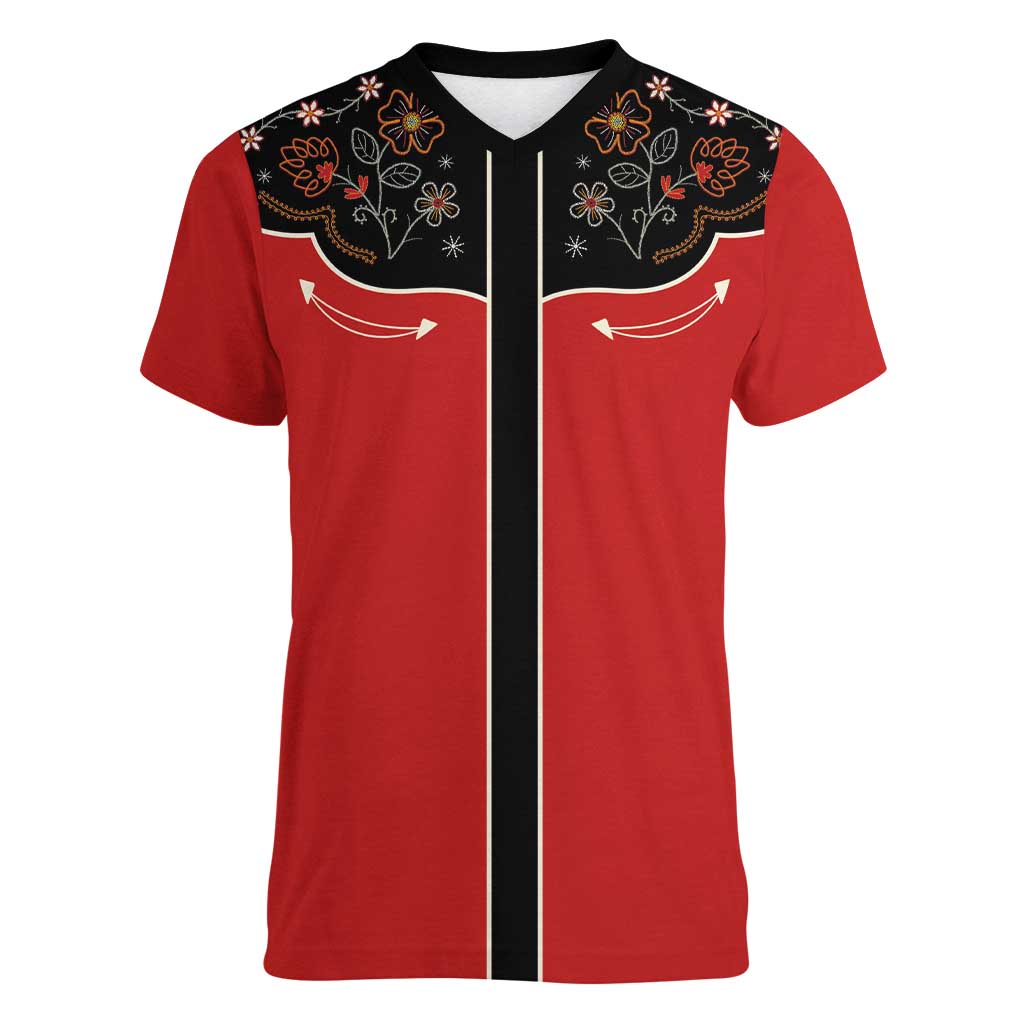 Vintage Western Flowers Yoke Shirt Style Women V-Neck T-Shirt Red Color - Wonder Print Shop
