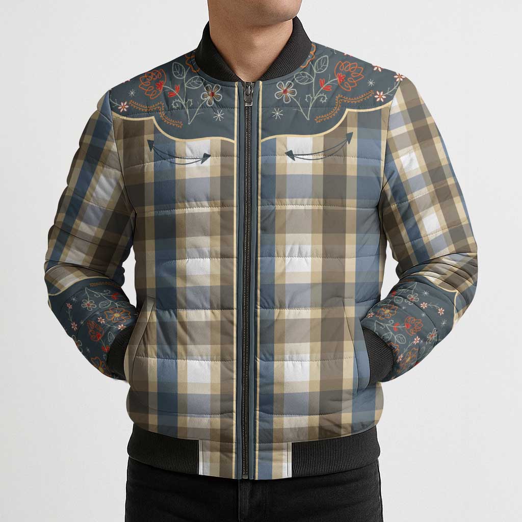 Vintage Western Flowers Yoke Shirt Style Bomber Puffer Jacket Gingham - Wonder Print Shop