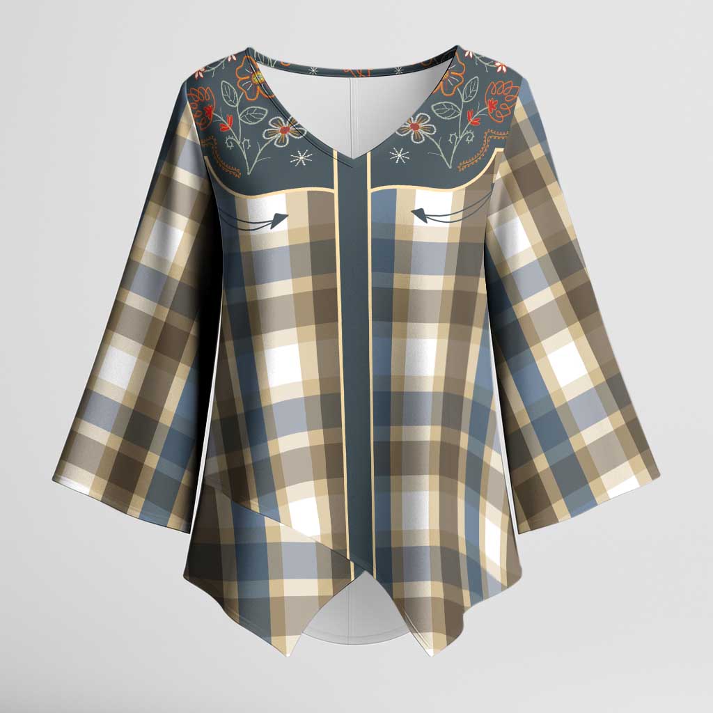 Vintage Western Flowers Yoke Shirt Style Kimono Sleeve Blouse Gingham - Wonder Print Shop