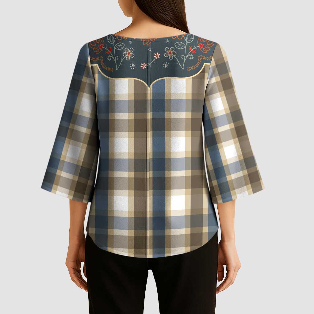 Vintage Western Flowers Yoke Shirt Style Kimono Sleeve Blouse Gingham - Wonder Print Shop