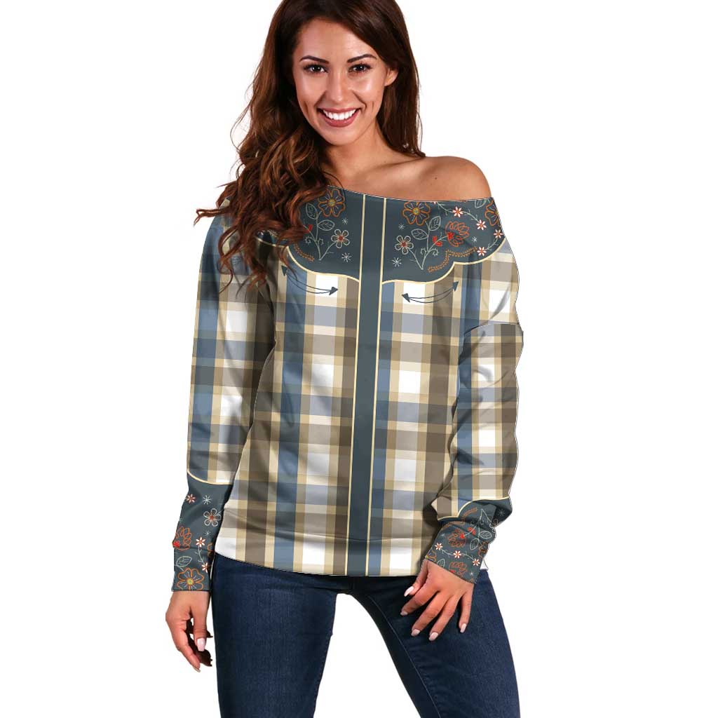 Vintage Western Flowers Yoke Shirt Style Off Shoulder Sweater Gingham - Wonder Print Shop