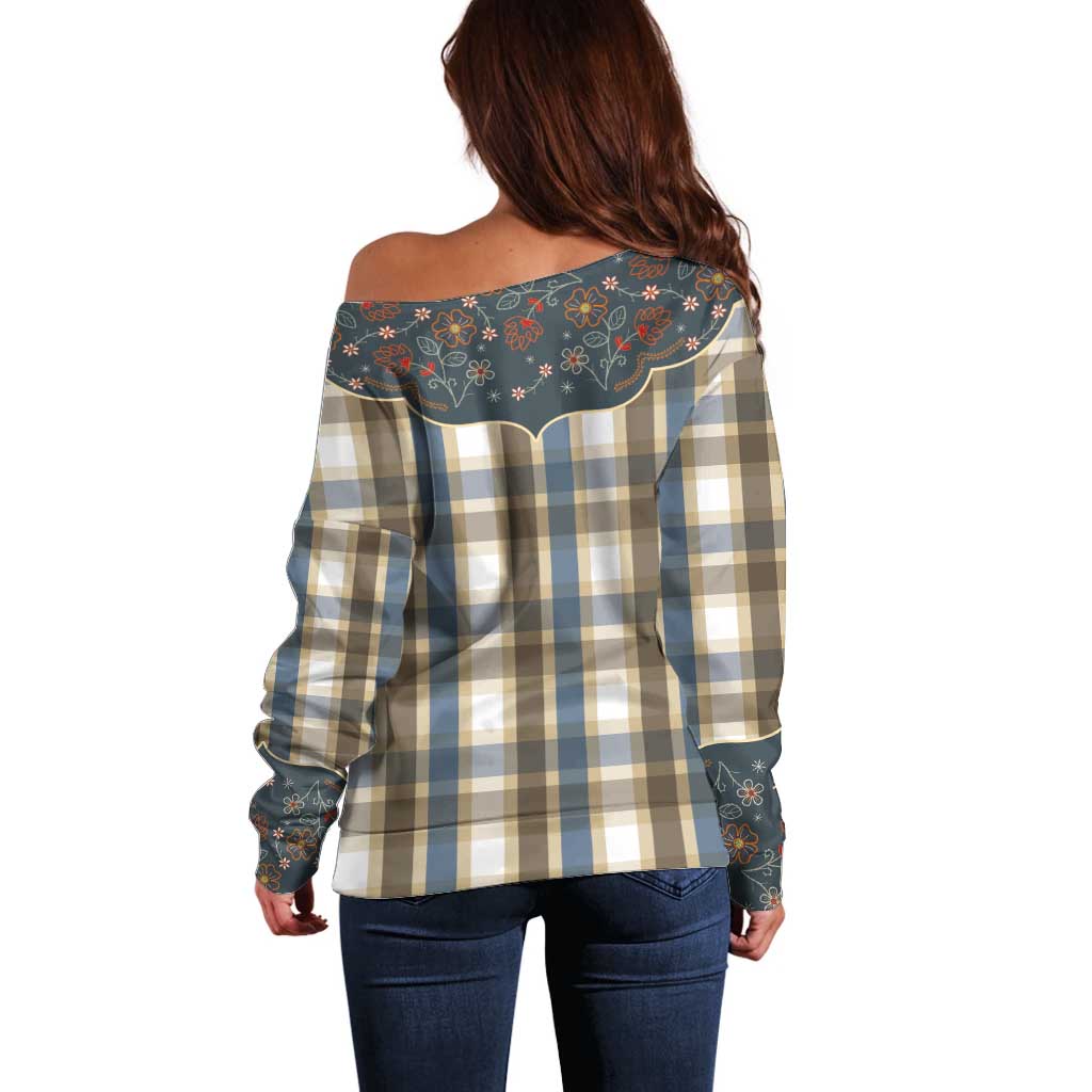 Vintage Western Flowers Yoke Shirt Style Off Shoulder Sweater Gingham - Wonder Print Shop