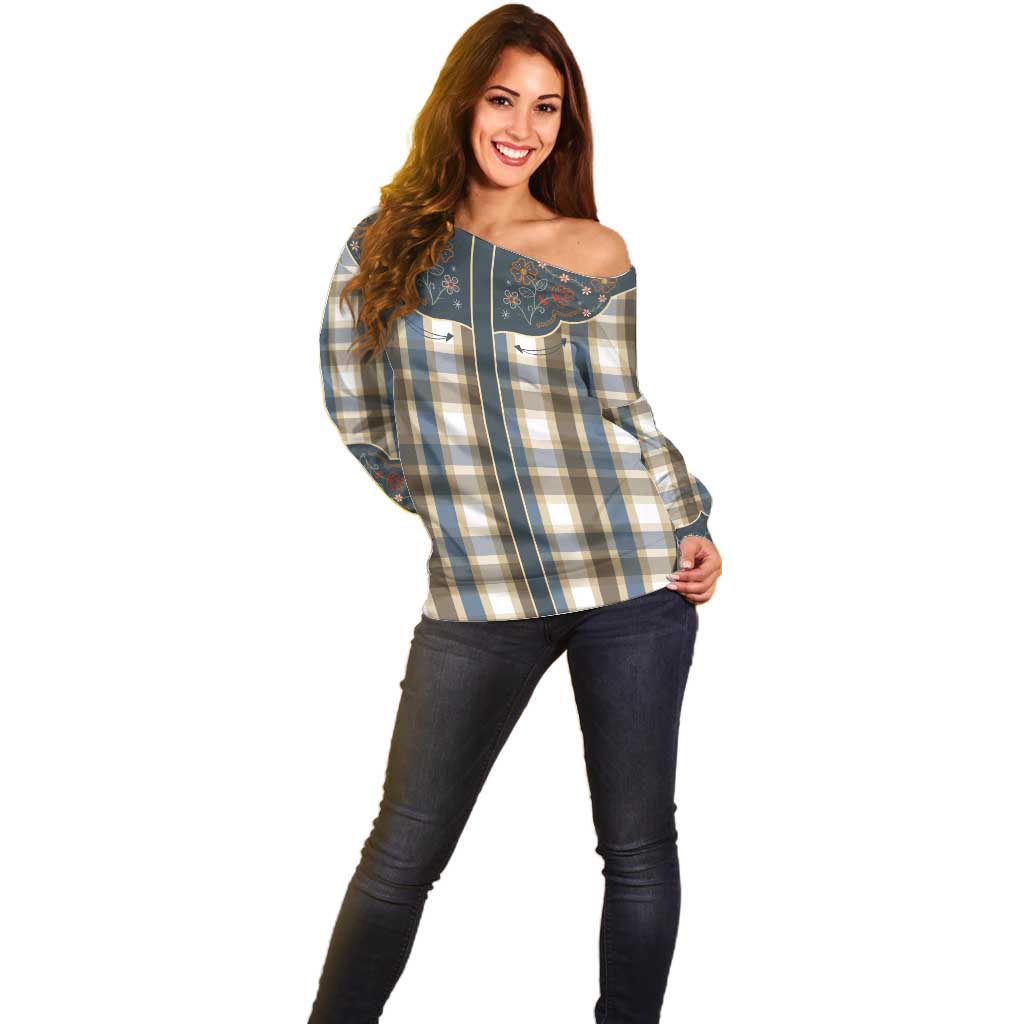 Vintage Western Flowers Yoke Shirt Style Off Shoulder Sweater Gingham - Wonder Print Shop