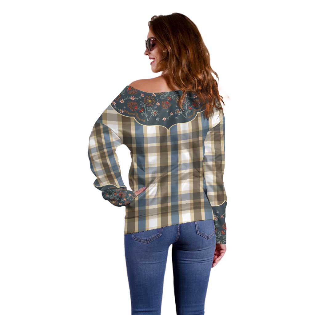 Vintage Western Flowers Yoke Shirt Style Off Shoulder Sweater Gingham - Wonder Print Shop