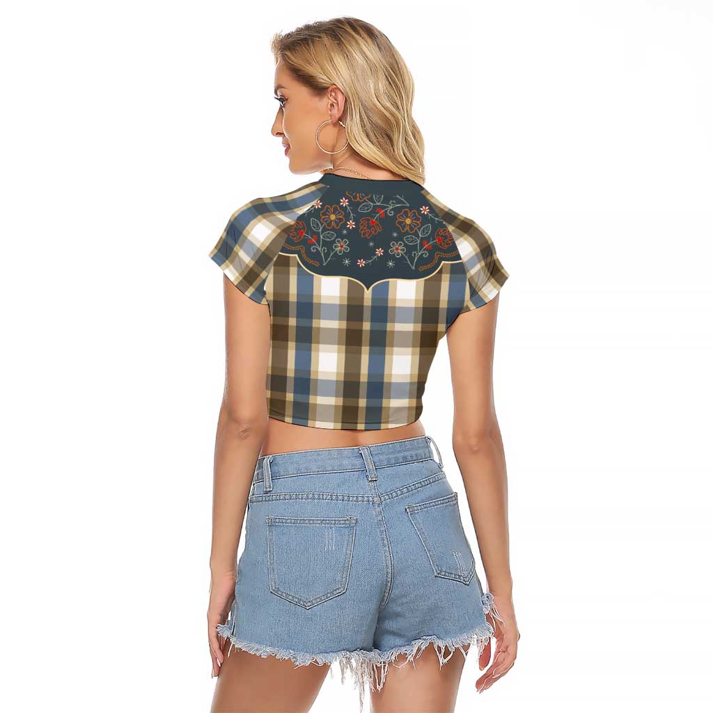 Vintage Western Flowers Yoke Shirt Style Raglan Cropped T Shirt Gingham - Wonder Print Shop