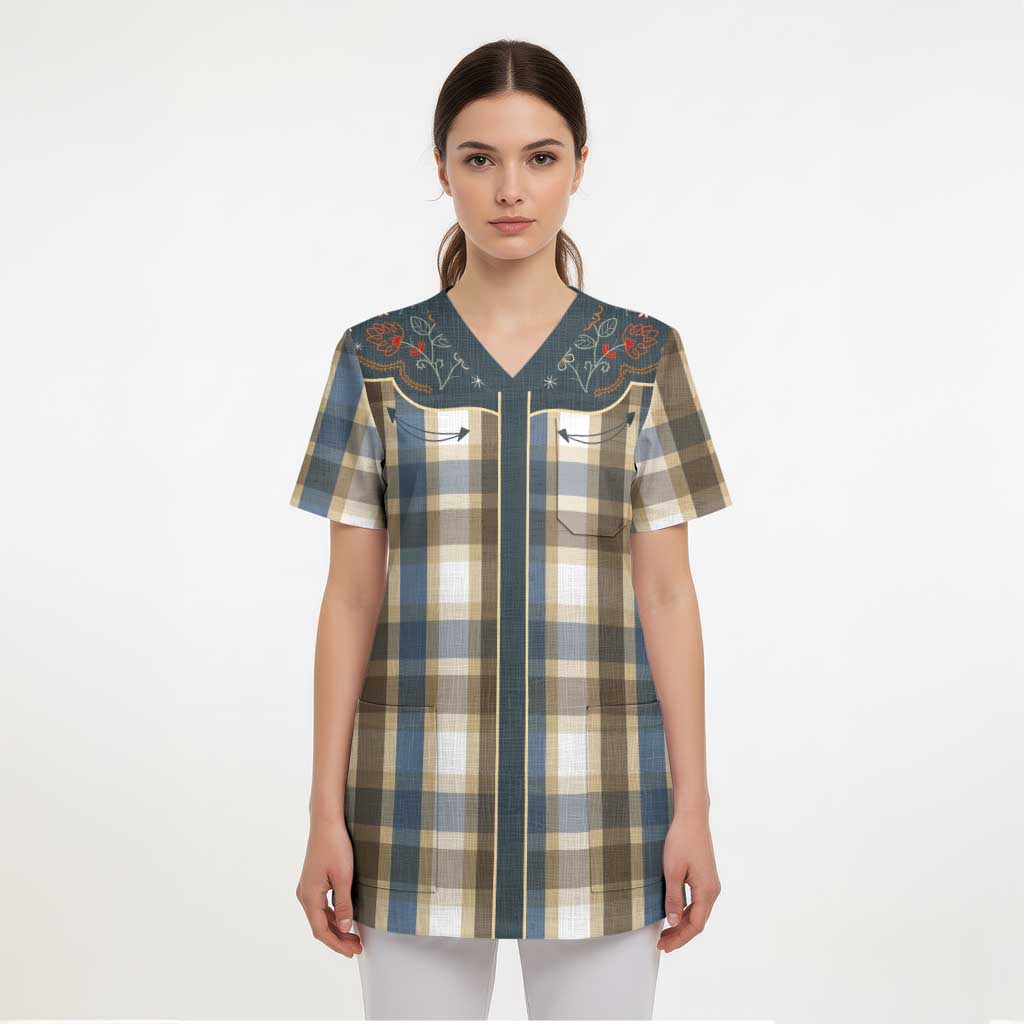 Vintage Western Flowers Yoke Shirt Style Scrub Top Gingham - Wonder Print Shop