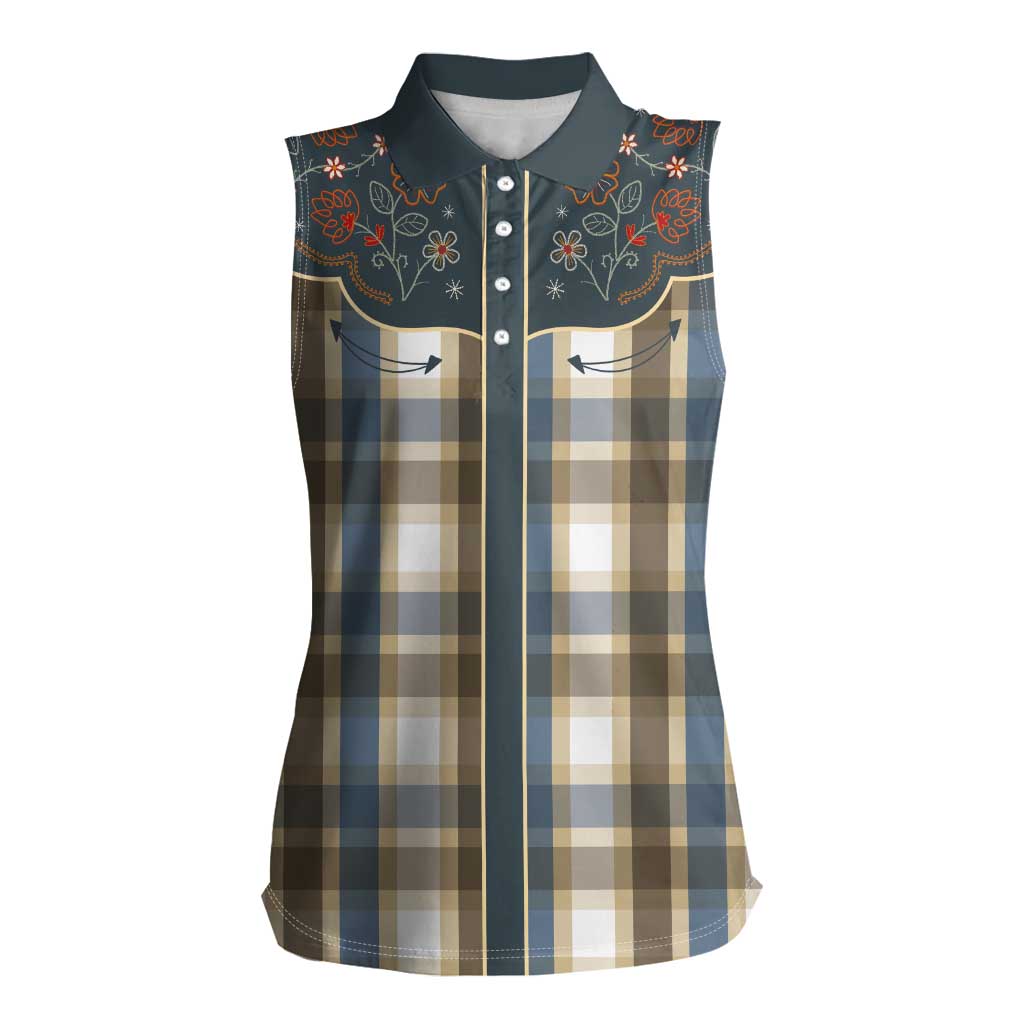 Vintage Western Flowers Yoke Shirt Style Women Sleeveless Polo Shirt Gingham - Wonder Print Shop