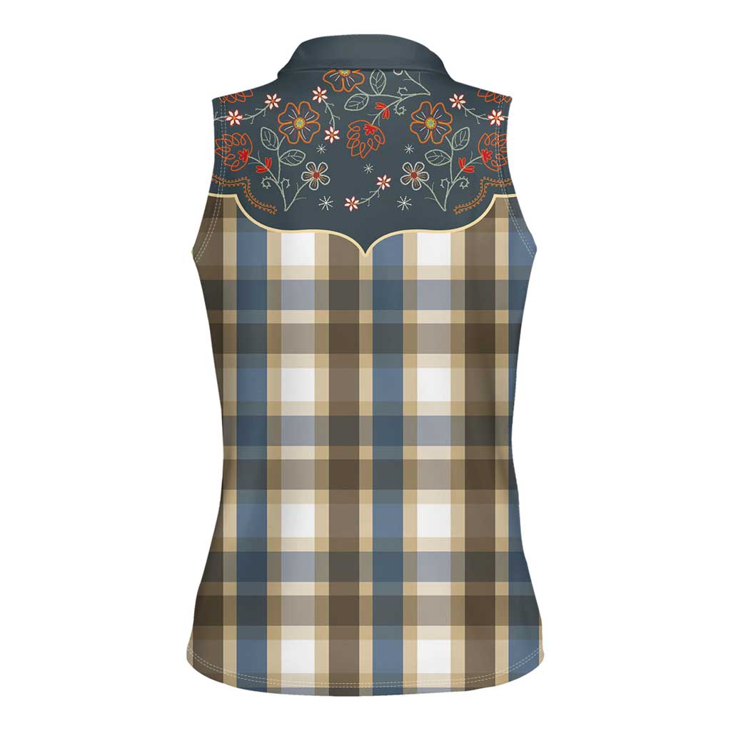 Vintage Western Flowers Yoke Shirt Style Women Sleeveless Polo Shirt Gingham - Wonder Print Shop