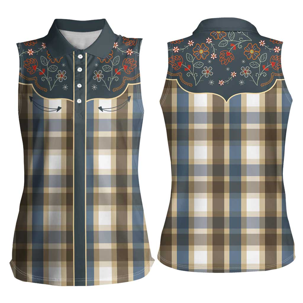 Vintage Western Flowers Yoke Shirt Style Women Sleeveless Polo Shirt Gingham - Wonder Print Shop