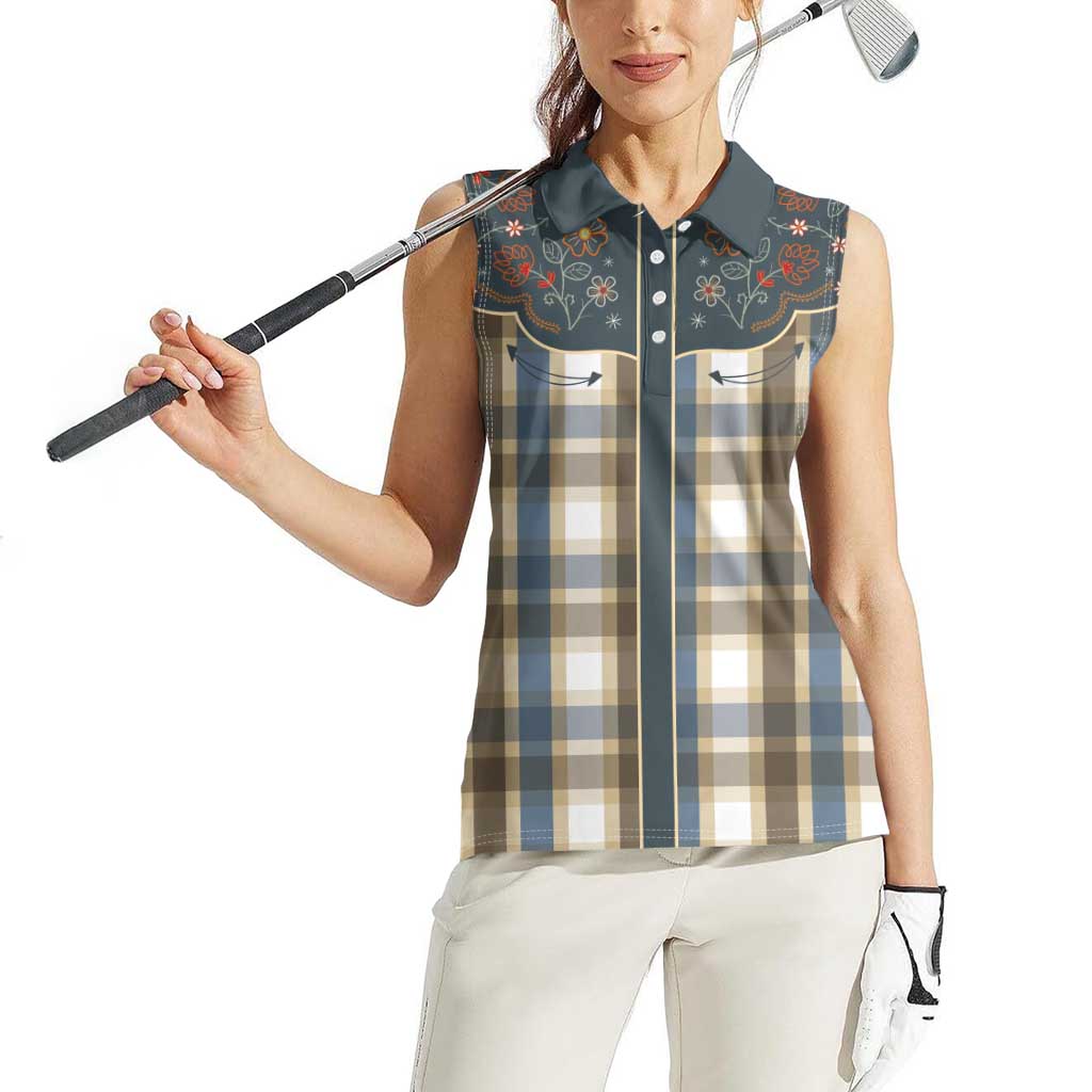 Vintage Western Flowers Yoke Shirt Style Women Sleeveless Polo Shirt Gingham - Wonder Print Shop