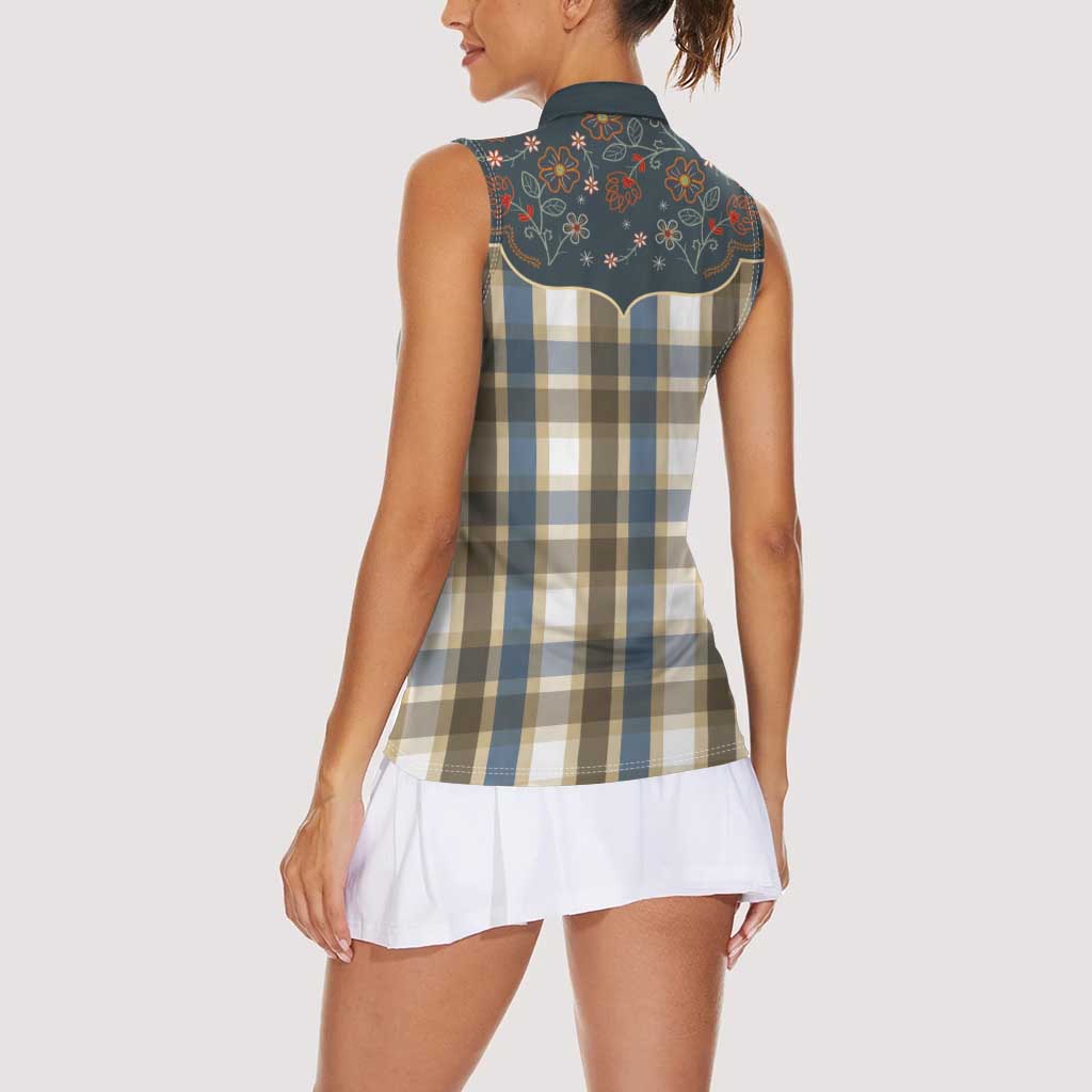 Vintage Western Flowers Yoke Shirt Style Women Sleeveless Polo Shirt Gingham - Wonder Print Shop