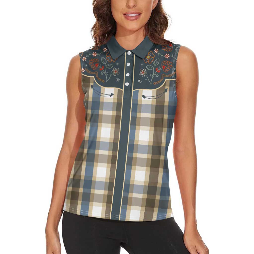 Vintage Western Flowers Yoke Shirt Style Women Sleeveless Polo Shirt Gingham - Wonder Print Shop