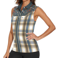 Vintage Western Flowers Yoke Shirt Style Women Sleeveless Polo Shirt Gingham - Wonder Print Shop