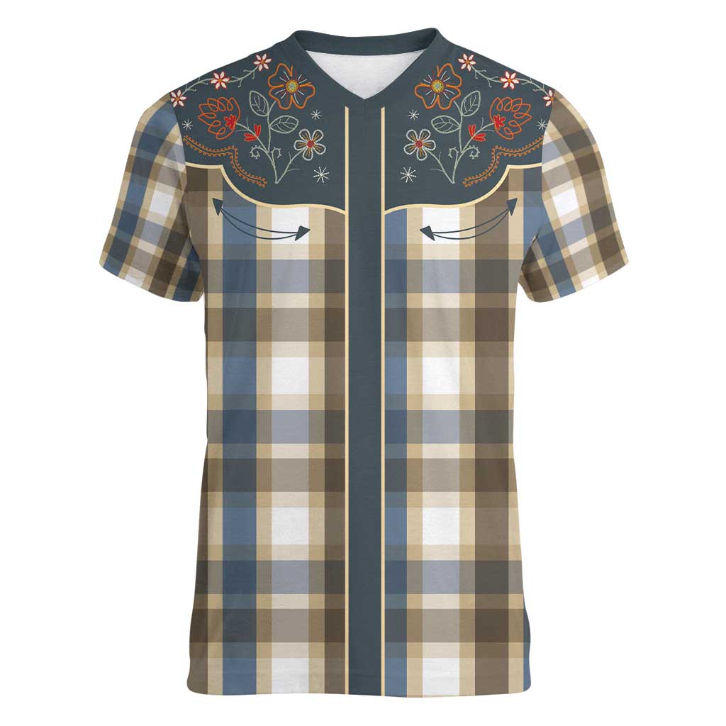 Vintage Western Flowers Yoke Shirt Style Women V-Neck T-Shirt Gingham - Wonder Print Shop