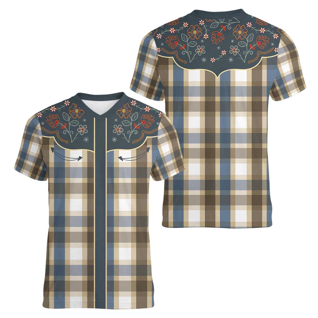 Vintage Western Flowers Yoke Shirt Style Women V-Neck T-Shirt Gingham - Wonder Print Shop