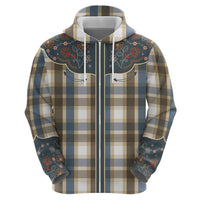 Vintage Western Flowers Yoke Shirt Style Zip Hoodie Gingham - Wonder Print Shop