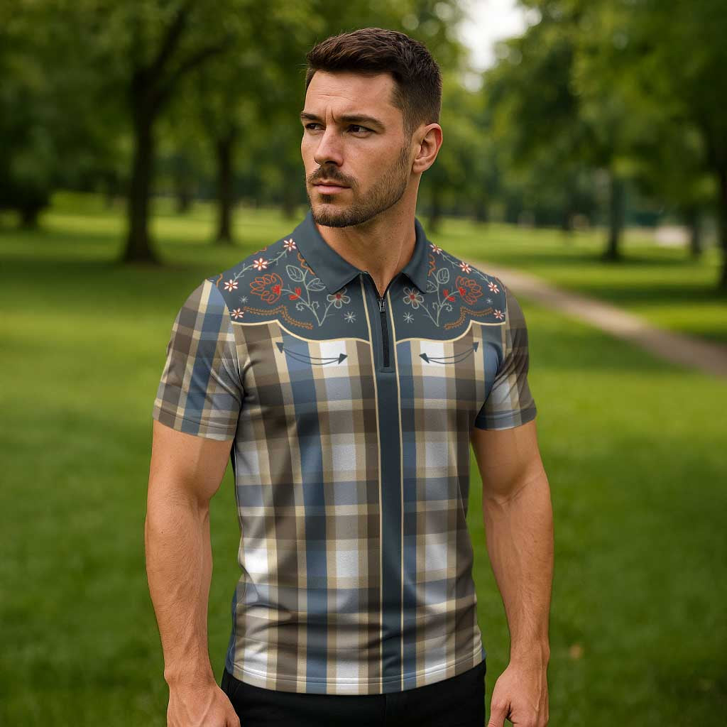 Vintage Western Flowers Yoke Shirt Style Zipper Polo Shirt Gingham - Wonder Print Shop