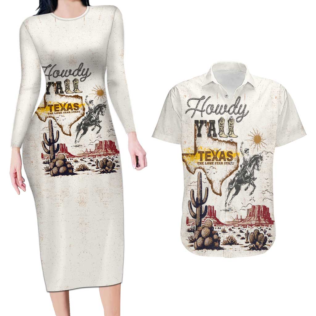 Texas Heritage Vintage Style Couples Matching Long Sleeve Bodycon Dress and Hawaiian Shirt Howdy Y’all and Lone Star State - Wonder Print Shop