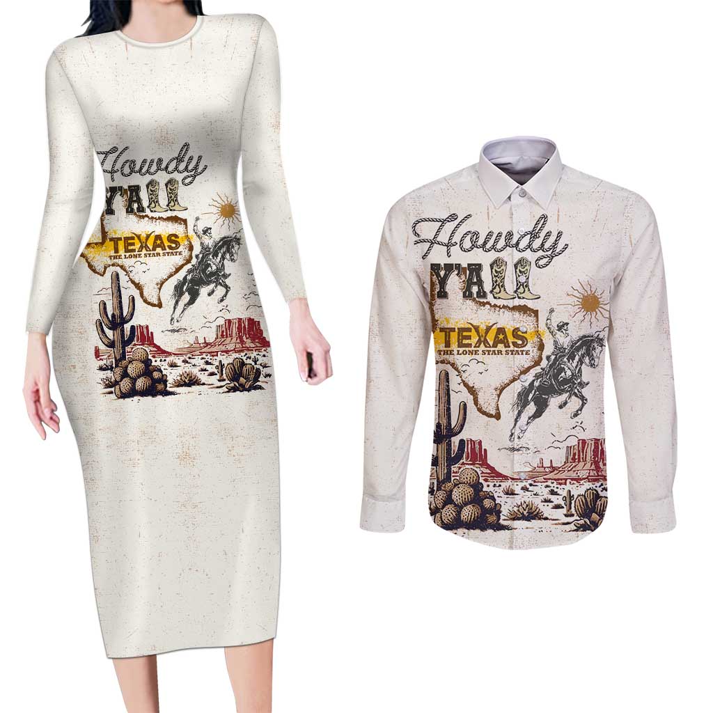 Texas Heritage Vintage Style Couples Matching Long Sleeve Bodycon Dress and Long Sleeve Button Shirt Howdy Y’all and Lone Star State - Wonder Print Shop