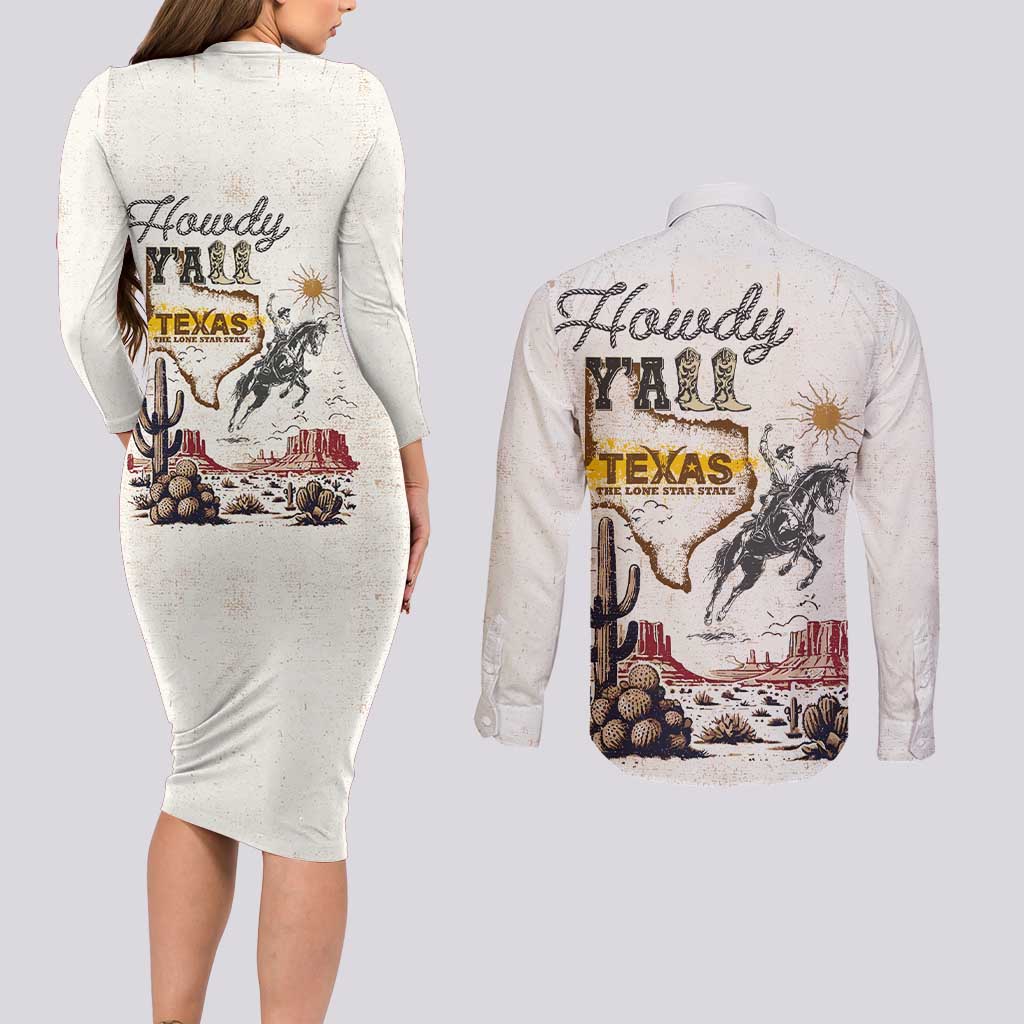 Texas Heritage Vintage Style Couples Matching Long Sleeve Bodycon Dress and Long Sleeve Button Shirt Howdy Y’all and Lone Star State - Wonder Print Shop