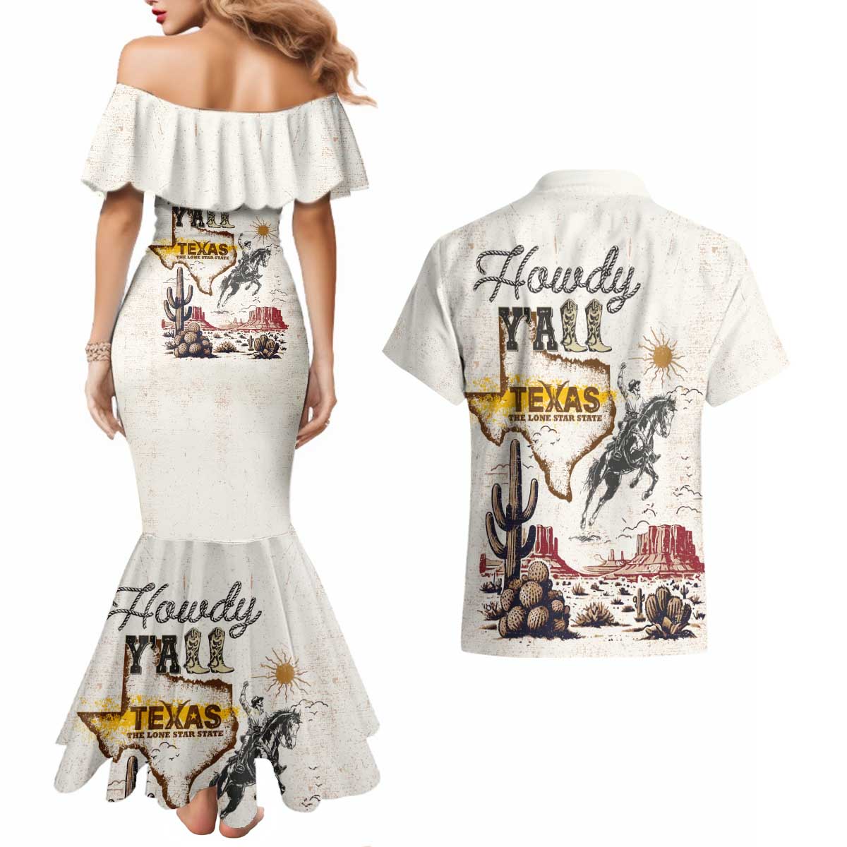 Texas Heritage Vintage Style Couples Matching Mermaid Dress and Hawaiian Shirt Howdy Y’all and Lone Star State - Wonder Print Shop