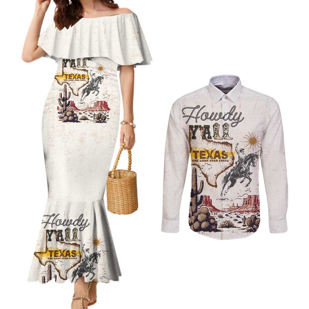 Texas Heritage Vintage Style Couples Matching Mermaid Dress and Long Sleeve Button Shirt Howdy Y’all and Lone Star State - Wonder Print Shop