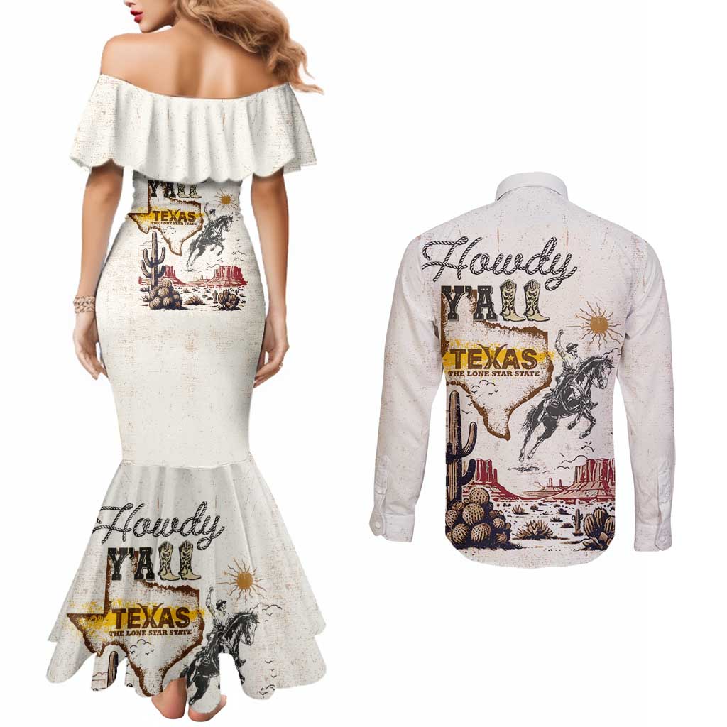 Texas Heritage Vintage Style Couples Matching Mermaid Dress and Long Sleeve Button Shirt Howdy Y’all and Lone Star State - Wonder Print Shop