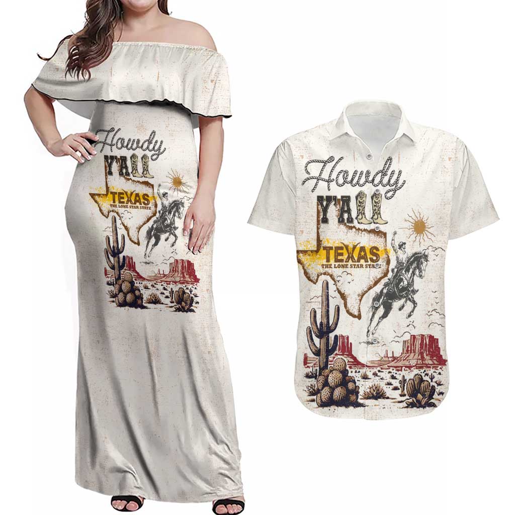 Texas Heritage Vintage Style Couples Matching Off Shoulder Maxi Dress and Hawaiian Shirt Howdy Y’all and Lone Star State - Wonder Print Shop