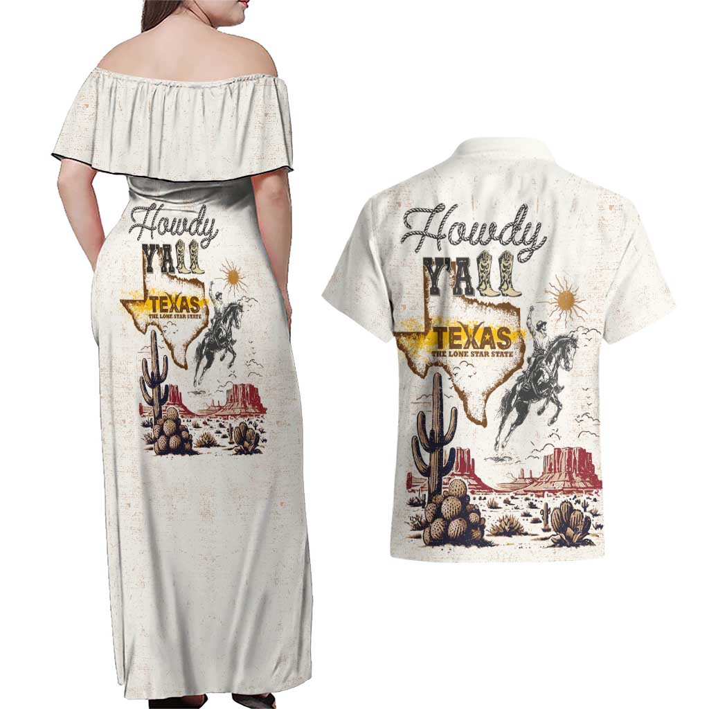 Texas Heritage Vintage Style Couples Matching Off Shoulder Maxi Dress and Hawaiian Shirt Howdy Y’all and Lone Star State - Wonder Print Shop