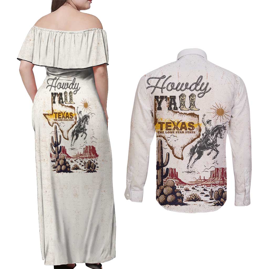 Texas Heritage Vintage Style Couples Matching Off Shoulder Maxi Dress and Long Sleeve Button Shirt Howdy Y’all and Lone Star State - Wonder Print Shop