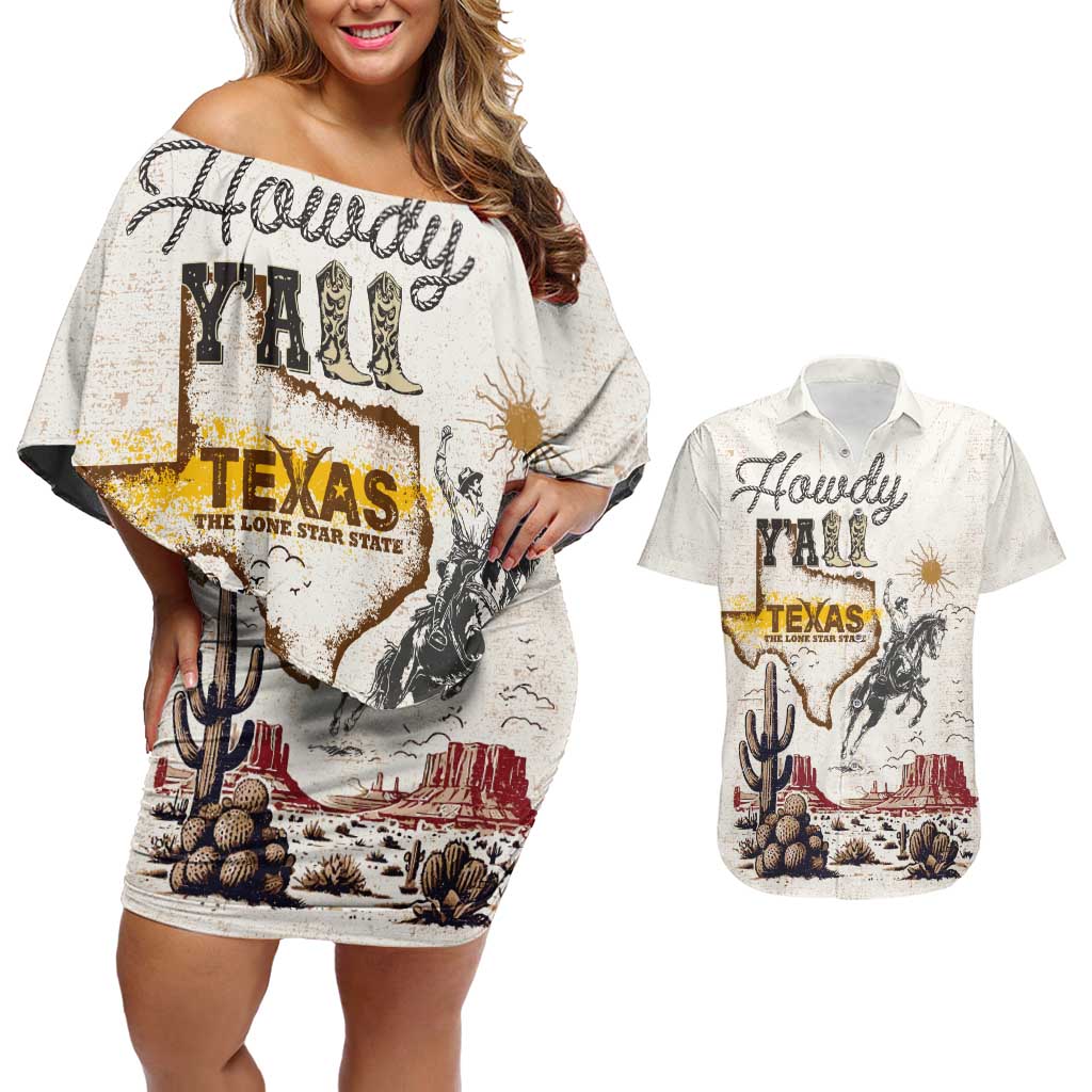 Texas Heritage Vintage Style Couples Matching Off Shoulder Short Dress and Hawaiian Shirt Howdy Y’all and Lone Star State - Wonder Print Shop