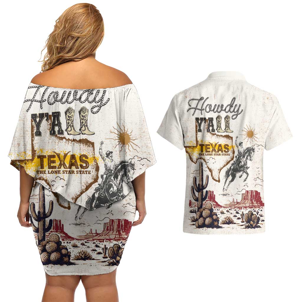 Texas Heritage Vintage Style Couples Matching Off Shoulder Short Dress and Hawaiian Shirt Howdy Y’all and Lone Star State - Wonder Print Shop
