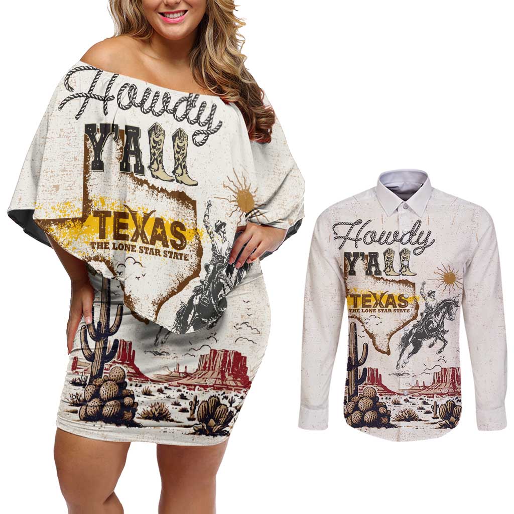 Texas Heritage Vintage Style Couples Matching Off Shoulder Short Dress and Long Sleeve Button Shirt Howdy Y’all and Lone Star State - Wonder Print Shop