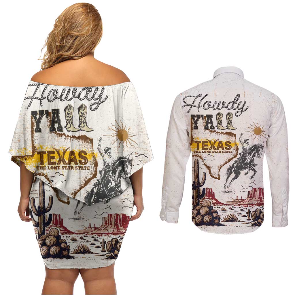 Texas Heritage Vintage Style Couples Matching Off Shoulder Short Dress and Long Sleeve Button Shirt Howdy Y’all and Lone Star State - Wonder Print Shop