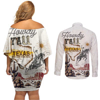 Texas Heritage Vintage Style Couples Matching Off Shoulder Short Dress and Long Sleeve Button Shirt Howdy Y’all and Lone Star State - Wonder Print Shop
