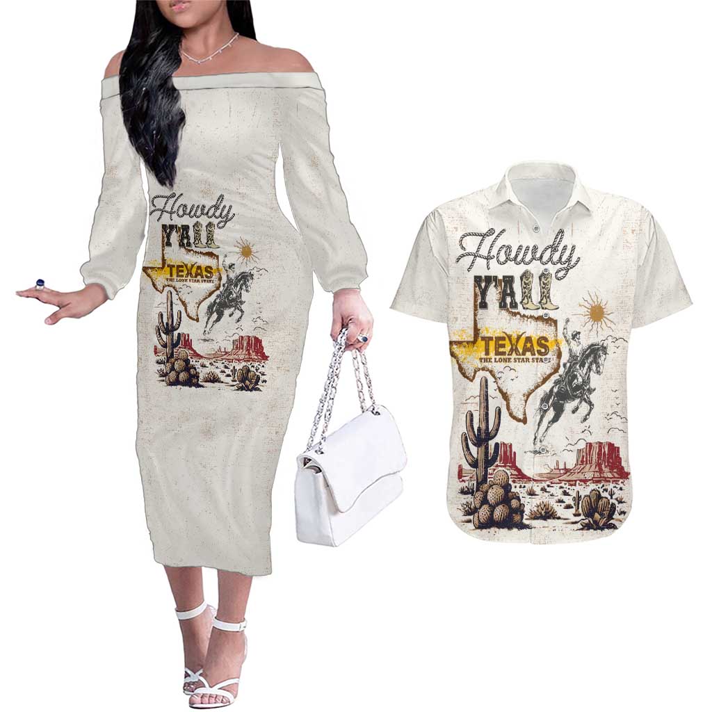 Texas Heritage Vintage Style Couples Matching Off The Shoulder Long Sleeve Dress and Hawaiian Shirt Howdy Y’all and Lone Star State - Wonder Print Shop