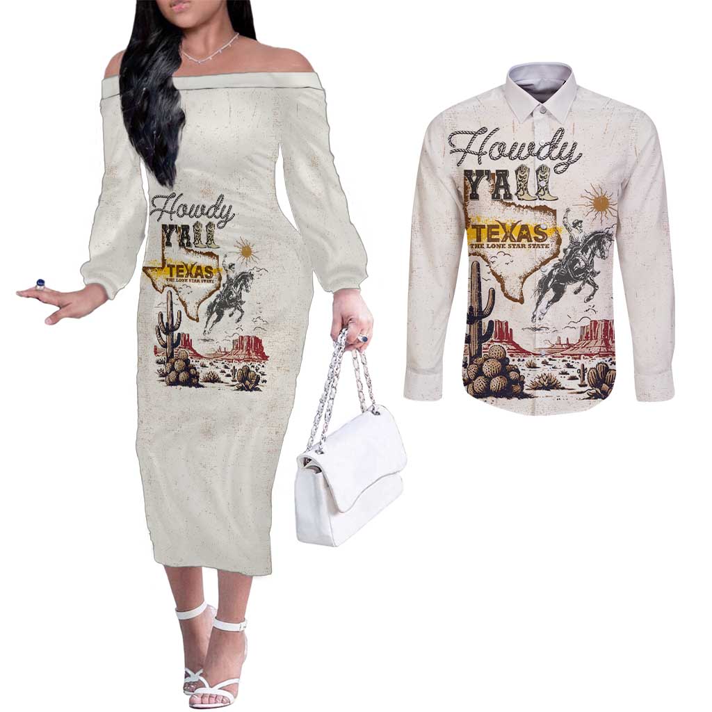 Texas Heritage Vintage Style Couples Matching Off The Shoulder Long Sleeve Dress and Long Sleeve Button Shirt Howdy Y’all and Lone Star State - Wonder Print Shop