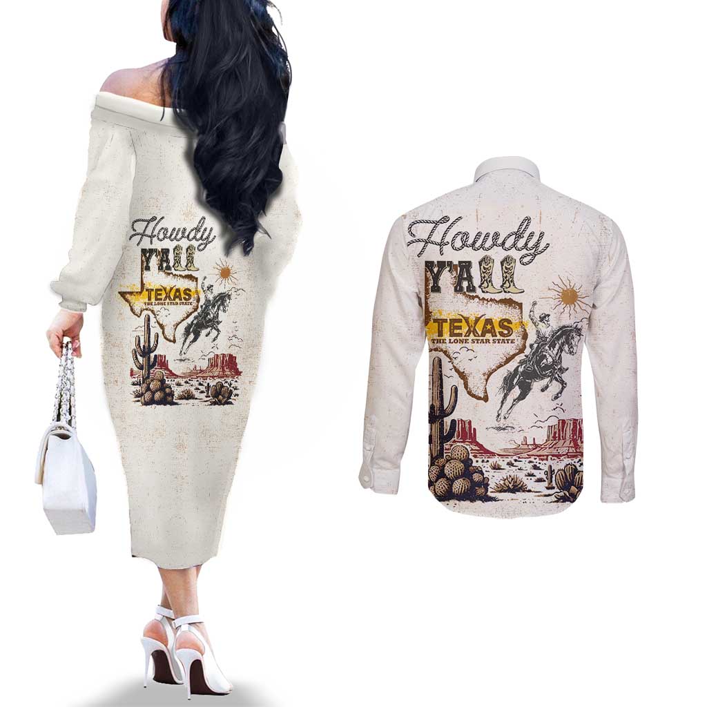 Texas Heritage Vintage Style Couples Matching Off The Shoulder Long Sleeve Dress and Long Sleeve Button Shirt Howdy Y’all and Lone Star State - Wonder Print Shop