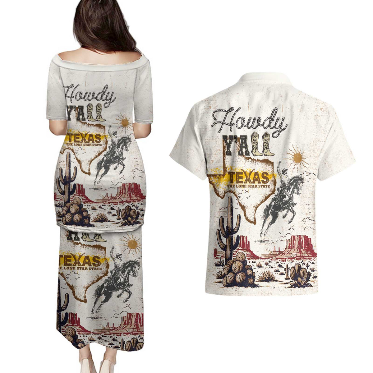 Texas Heritage Vintage Style Couples Matching Puletasi and Hawaiian Shirt Howdy Y’all and Lone Star State - Wonder Print Shop