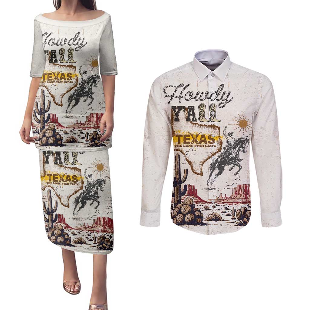 Texas Heritage Vintage Style Couples Matching Puletasi and Long Sleeve Button Shirt Howdy Y’all and Lone Star State - Wonder Print Shop