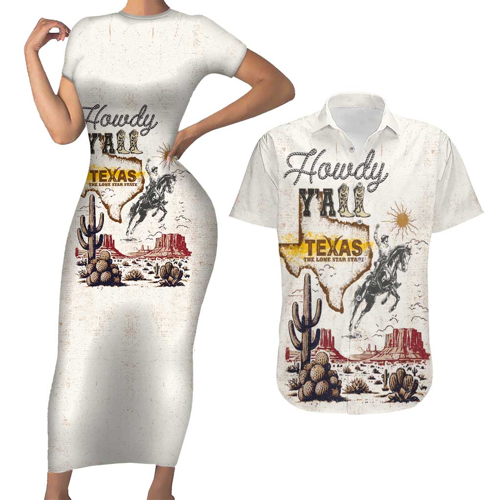 Texas Heritage Vintage Style Couples Matching Short Sleeve Bodycon Dress and Hawaiian Shirt Howdy Y’all and Lone Star State - Wonder Print Shop