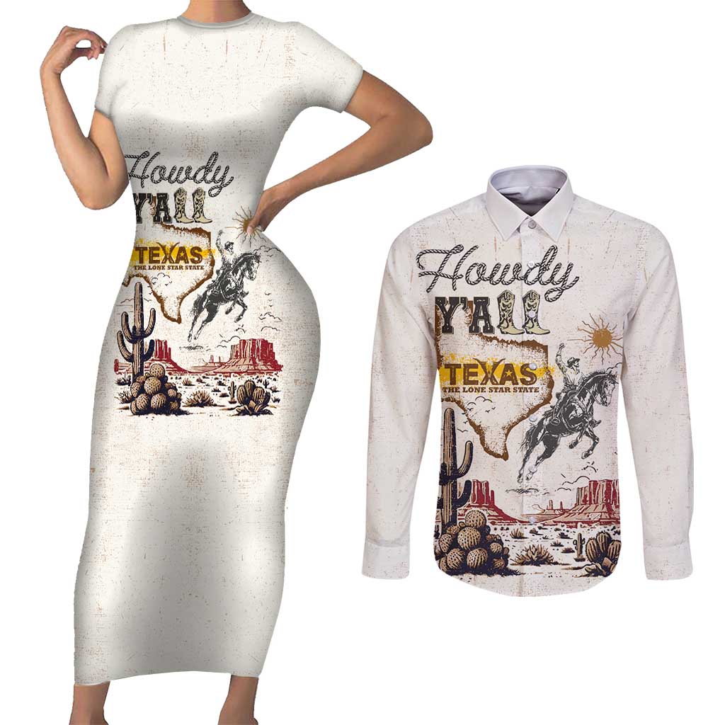 Texas Heritage Vintage Style Couples Matching Short Sleeve Bodycon Dress and Long Sleeve Button Shirt Howdy Y’all and Lone Star State - Wonder Print Shop