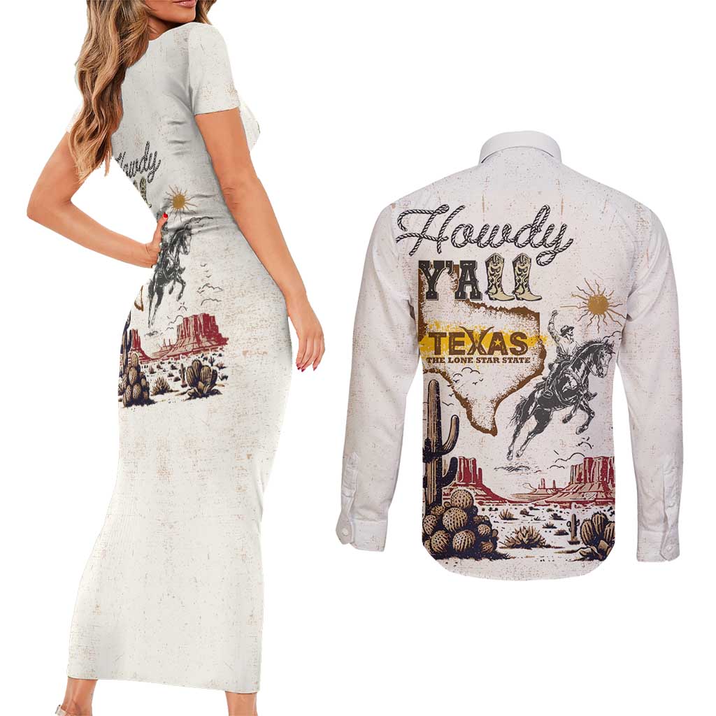 Texas Heritage Vintage Style Couples Matching Short Sleeve Bodycon Dress and Long Sleeve Button Shirt Howdy Y’all and Lone Star State - Wonder Print Shop