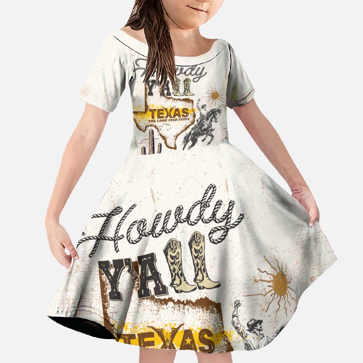 Texas Heritage Vintage Style Family Matching Off The Shoulder Long Sleeve Dress and Hawaiian Shirt Howdy Y’all and Lone Star State - Wonder Print Shop