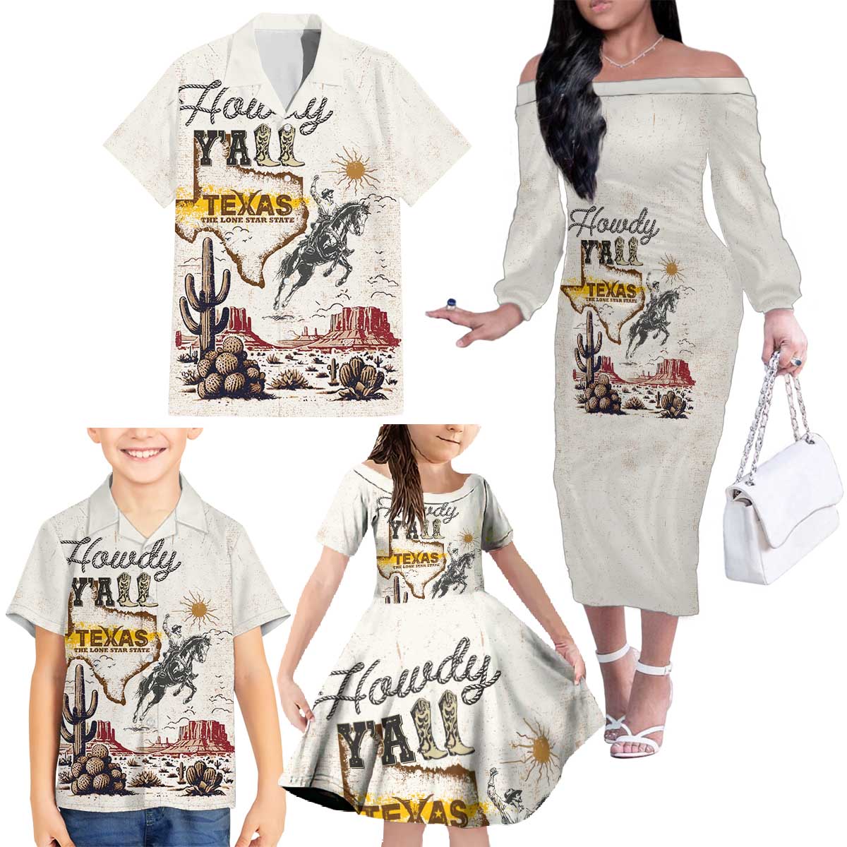 Texas Heritage Vintage Style Family Matching Off The Shoulder Long Sleeve Dress and Hawaiian Shirt Howdy Y’all and Lone Star State - Wonder Print Shop