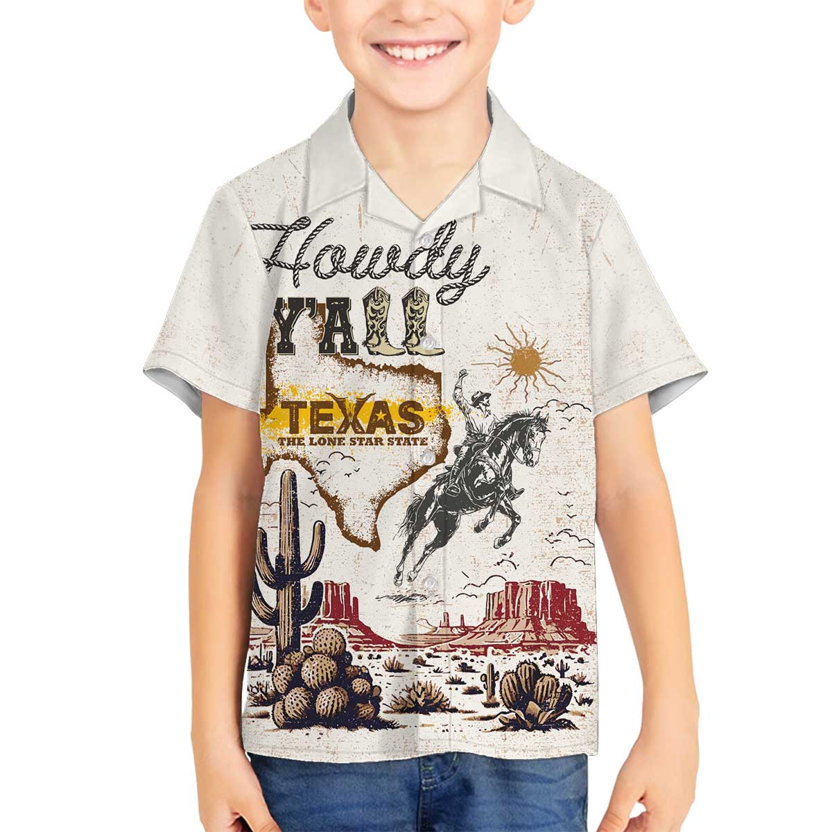Texas Heritage Vintage Style Family Matching Off The Shoulder Long Sleeve Dress and Hawaiian Shirt Howdy Y’all and Lone Star State - Wonder Print Shop