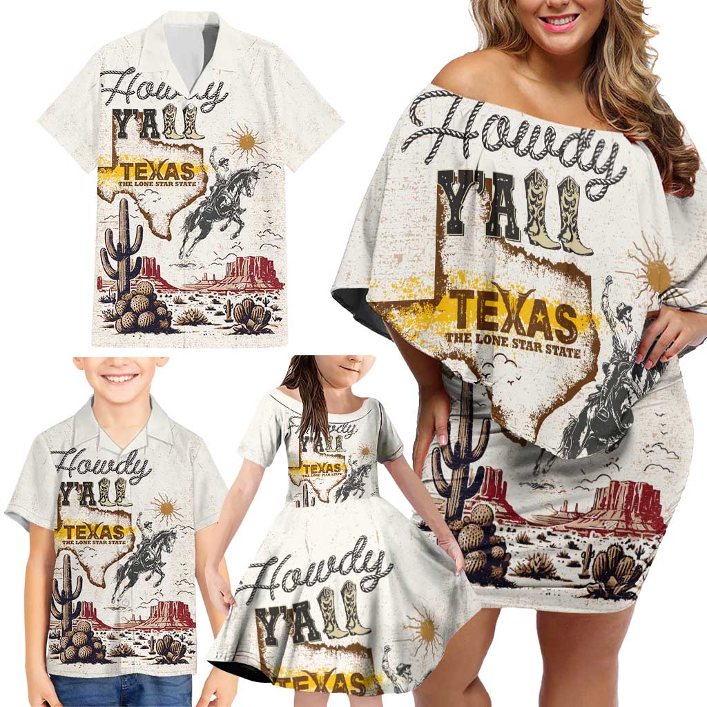 Texas Heritage Vintage Style Family Matching Off Shoulder Short Dress and Hawaiian Shirt Howdy Y’all and Lone Star State - Wonder Print Shop