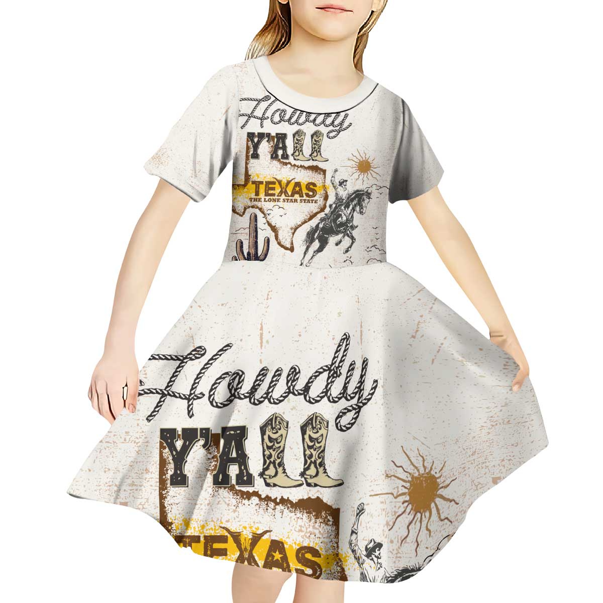 Texas Heritage Vintage Style Kid Short Sleeve Dress Howdy Y’all and Lone Star State - Wonder Print Shop