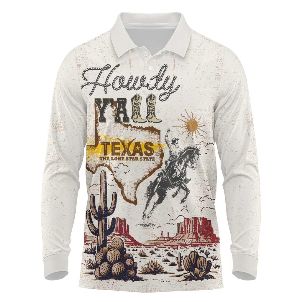 Texas Heritage Vintage Style Long Sleeve Polo Shirt Howdy Y’all and Lone Star State - Wonder Print Shop